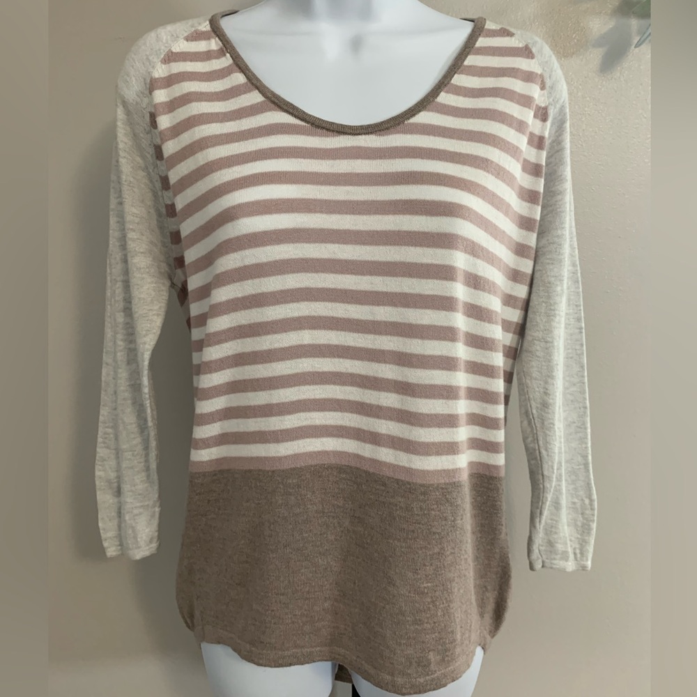 Old Navy Beige, Gray and Light Plum Striped Long Sleeve Light Weight Sweater